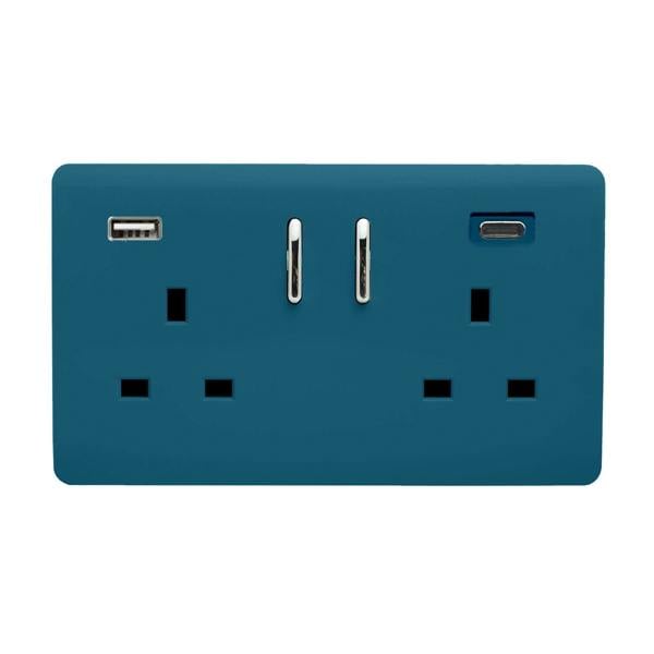 Trendi Switch 2 Gang USB 65W Type A & C USB Plug Socket in Ocean Blue