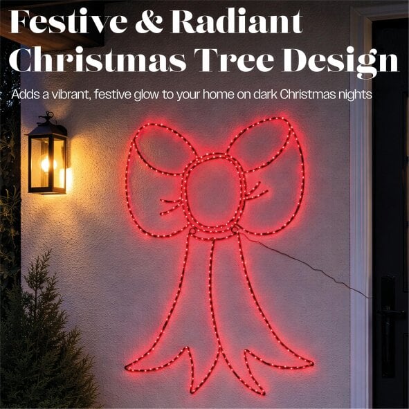 Scotts of Stow Xmas Haus Red Micro LED Metal Silhouette Bow Outdoor Wall Decoration with Flash Bulbs