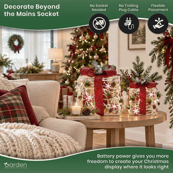 Set of 2 Light-Up White Rattan Christmas Parcels with Red Bows, 25 White LED Lights, Battery Powered Festive Decoration