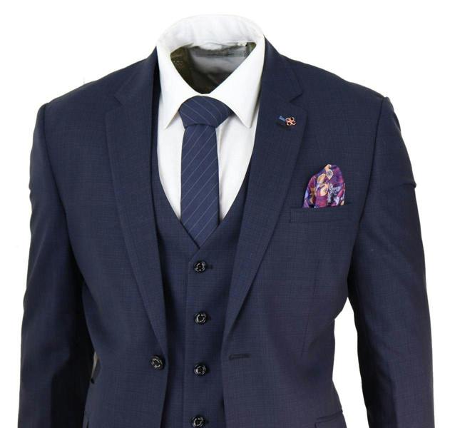 House of Cavani Mens 3 Piece Navy Blue Tailored Fit Retro Classic Suit