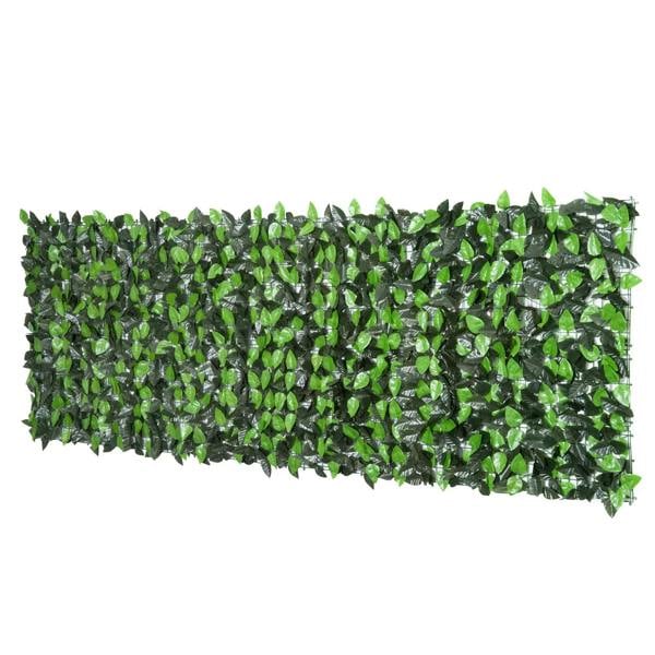 Artificial leaf hedge privacy fence panel with dense green leaf foliage and mesh backing