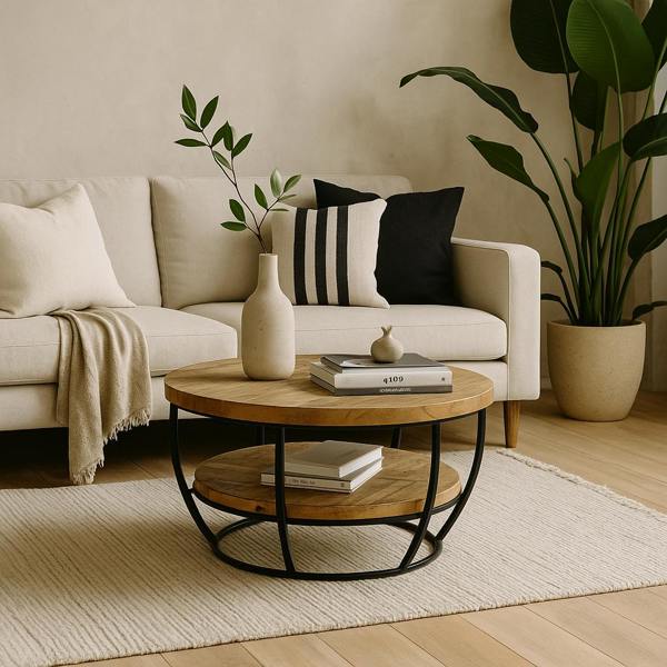Wyld Haus California Solid Wood and Metal Round Coffee Table With Shelf