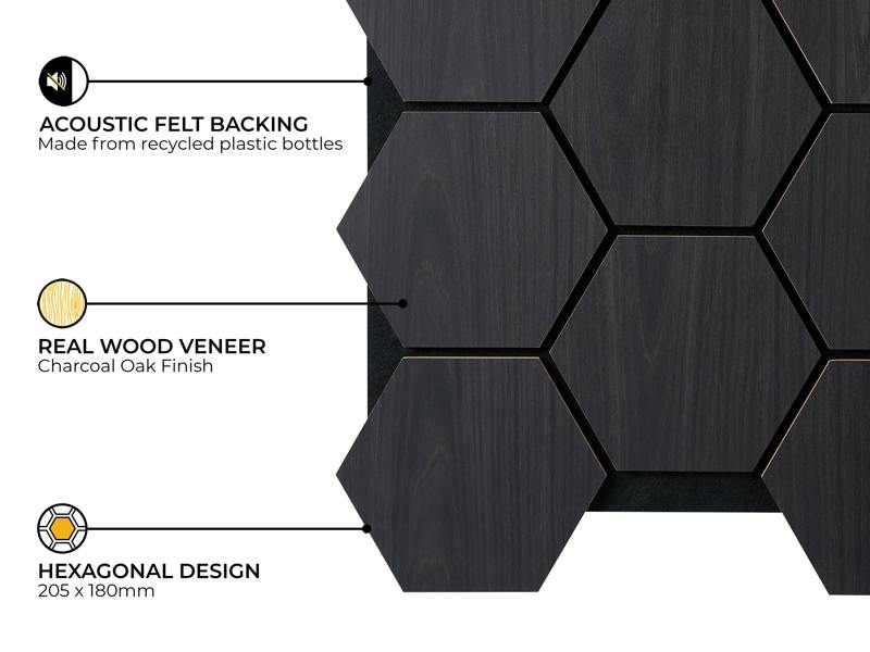 Fuse Acoustic Wooden Hexagon Wall Panel in Charcoal Oak