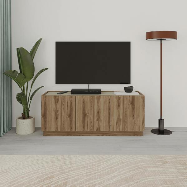 Decortie 120cm TV Stand Unit, 3 Soft-Close Doors TV Storage Cabinet Up to 50' TVs Modern Design Non Handle, Whiskey Oak,Travertine