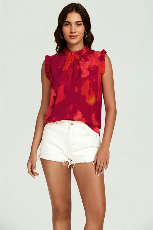 FS Collection Abstract Print Frill Trim Sleeve Frill Neck Blouse Top In Red