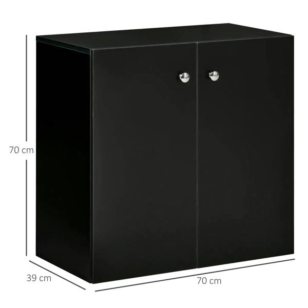 Black storage cabinet with two-door front and two inner shelves