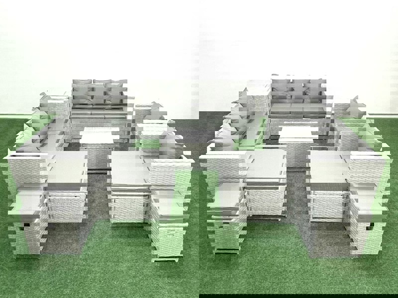 Fimous 10 Pieces Rattan Garden Furniture Set Outdoor Garden Sofa Chair Coffee Table Set with 4 Footstools Side Table Light Grey Mixed