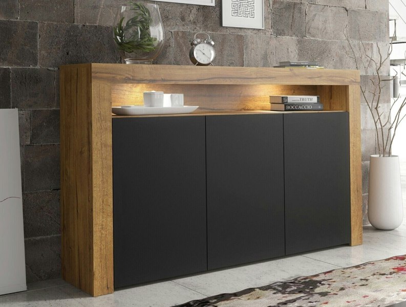 Mex Furniture Contemporary 155cm Sideboard TV Stand Cupboard Cabinet – Black Matt Doors & Free LED