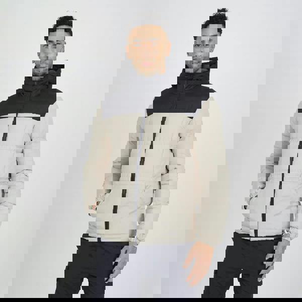 Brave Soul Stone Colour Block Padded Hooded Jacket - Stone Image 1