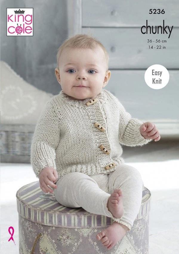 King Cole Big Value Baby Chunky Knitting Pattern 5236, Cardigans, Waistcoats for Baby, Kids, 14 - 22 Inches - Easy