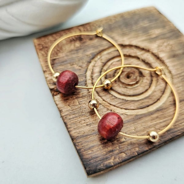 Red Sandalwood Bead Hoop Earrings