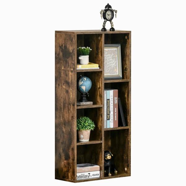 Rustic brown 7-cube bookcase with open shelves, top clock and book decor