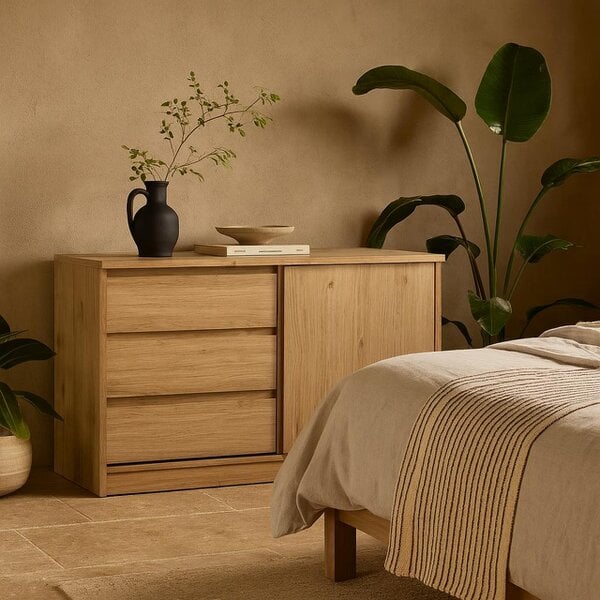 Wyld Haus Budapest Natural Oak Effect Wood Storage Unit 1 Door 3 Drawers