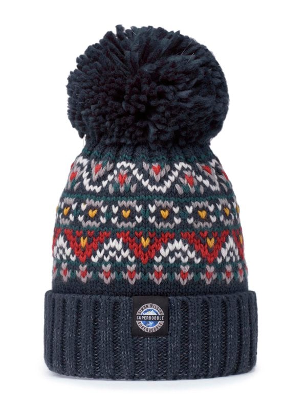 SuperBobble Simon Wilson Fairisle Knit Beanie Bobble Hat - Navy