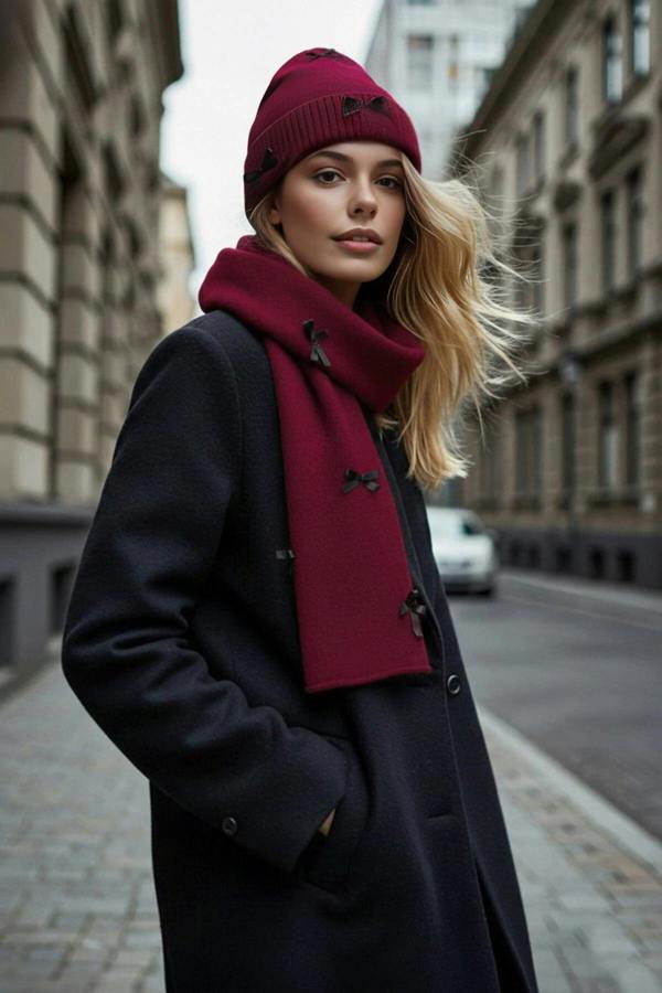 WOVCOR 2-Piece Soft Textured Knit Scarf and Beanie Set with Ribbon Detail