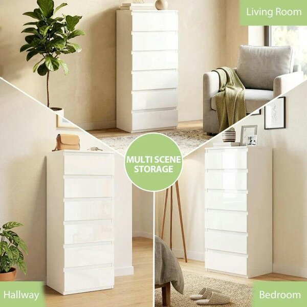 Chest of Drawers High Gloss Finish 6 Drawer Dresser Space Saving Slim Design Handle Free Drawers High-Gloss White