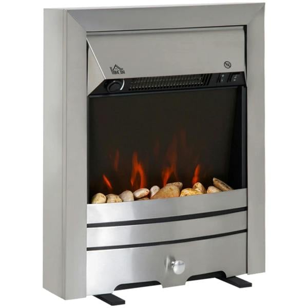Stainless steel electric fireplace stove with LED flame effect and pebble bed, front view