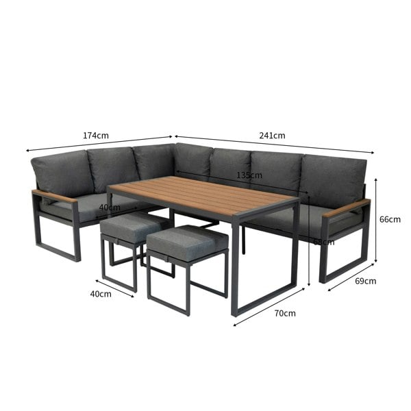 Jardi Aluminium Corner Sofa Set With Black Rattan Storage Box - Wood Effect