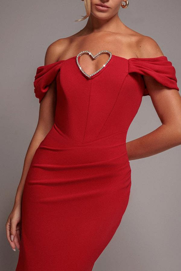 Diamante Heart Trim Evening Maxi Dress - Red DR4674