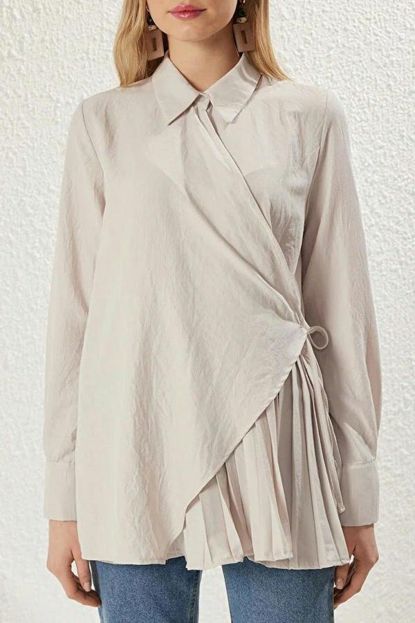 WOVCOR Double-Breasted Woven Shirt with  Pleated Detail