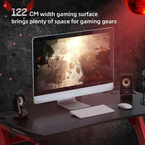 122 x 66 cm Gaming Desk, Carbon Fibre Covered Computer Desk, Gamer Workstation - Headphone Hook, Cup Holder & Gamepad Storage Rack