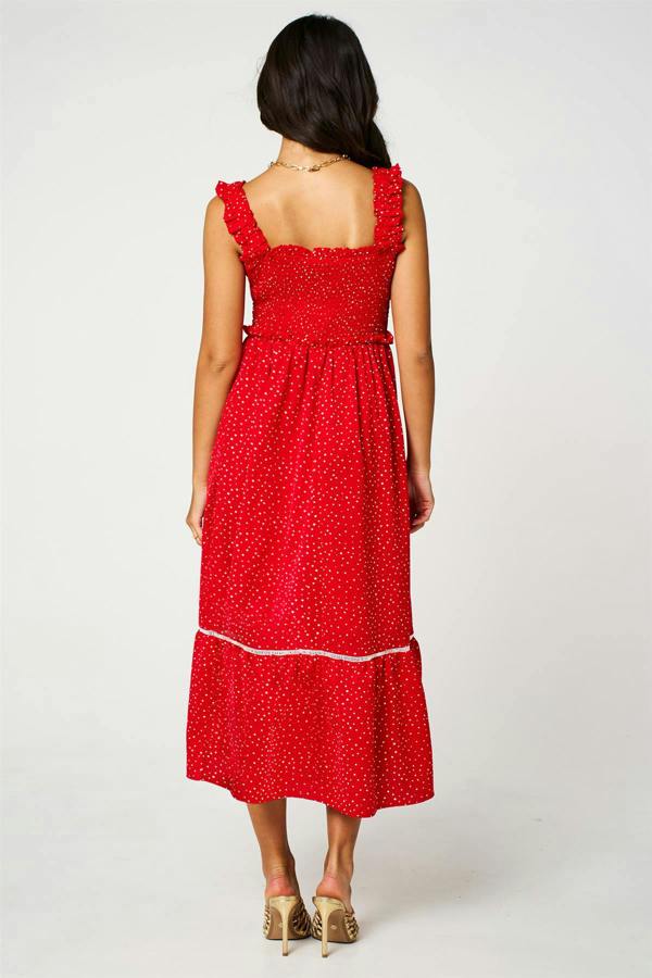 FS Collection Dot Print Hem Detail Maxi Dress In Red