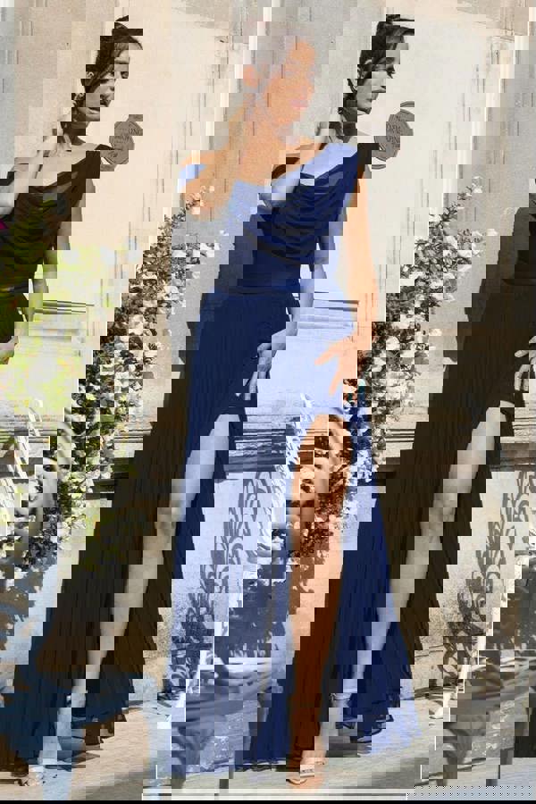 Cowl Neck One Shoulder A Line Chiffon Maxi Dress - Navy Blue DR4506