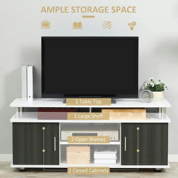 White TV console with open shelves and two closed cabinets under the tabletop