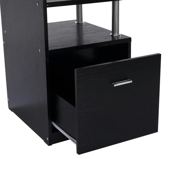 Black side cabinet drawer with metal handle and open interior storage