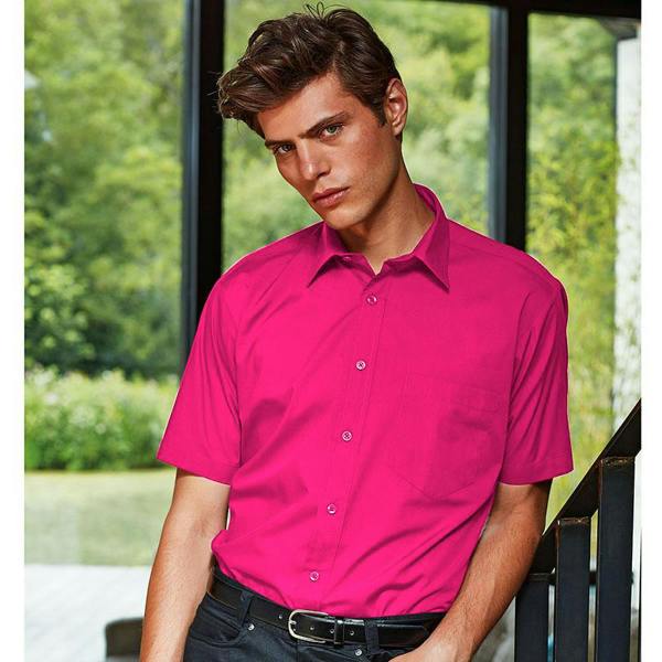 Premier Mens Short Sleeve Formal Poplin Plain Work Shirt - Hot Pink