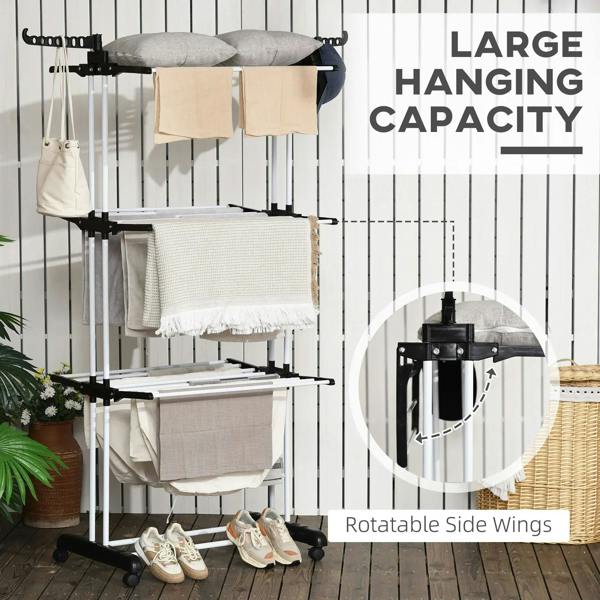 Black drying rack with rotating side wings and multiple hanging bars for laundry