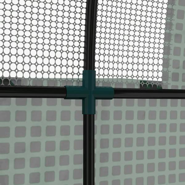 Close-up of green greenhouse mesh panel with black vertical support bar