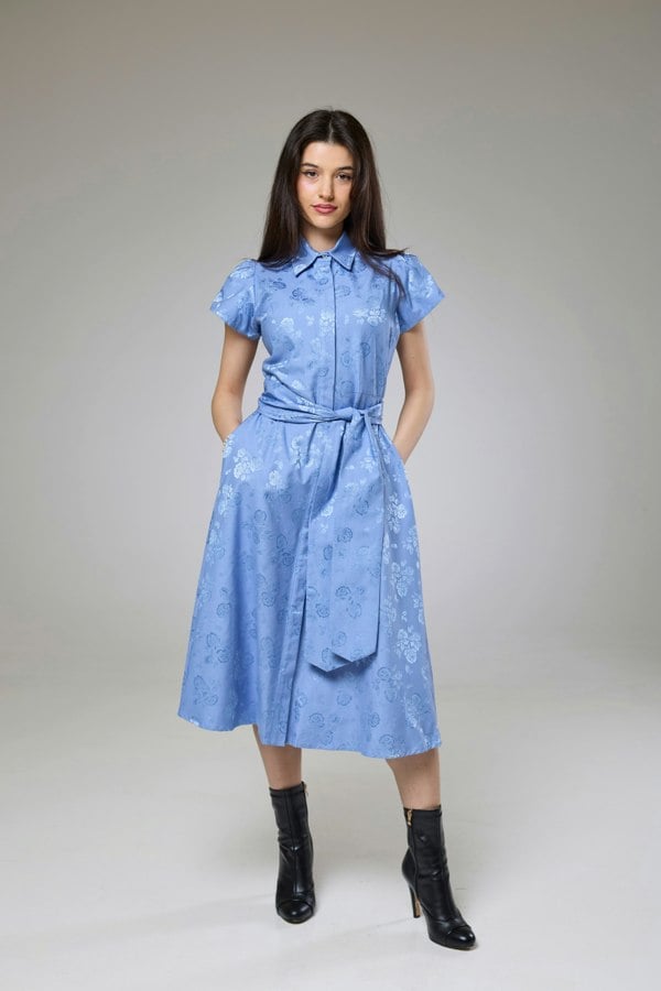 Isha's Timeless collection Sky Blue Petals Short Sleeve Shirt Dress