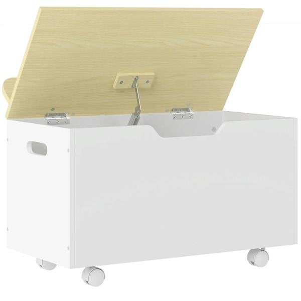 White toddler toy chest with hinged lid, safety hinges, and rolling casters