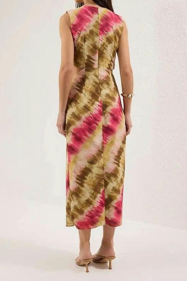 WOVCOR Abstract Patterned Maxi Woven Dress with Waist Detail
