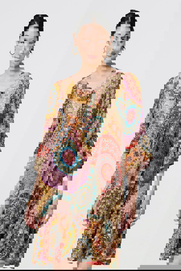 Multi Beige | Kaleidoscope Print 3/4 Sleeve Short Dress
