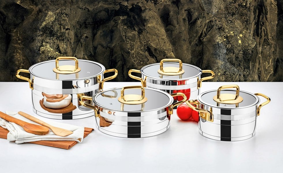 Rozi Safir Collection 8-piece Stainless Steel Cookware Set (Gold Handles)