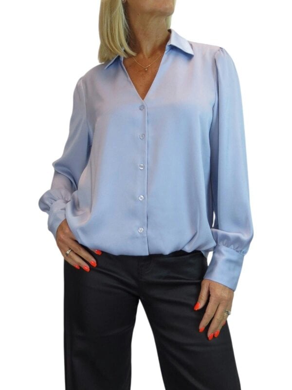 Paulo Due Women's Satin Blouse Ladies Long Sleeve Button Through Shirt - Silver Blue