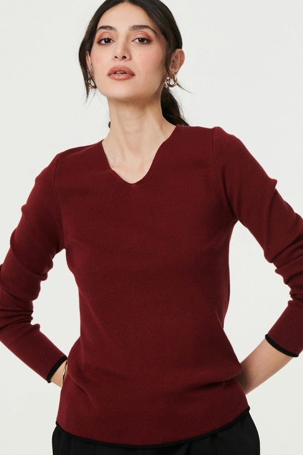 Red | Contrast Trim V-Neck Knit Top
