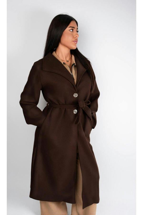 Marelle Belted Longline Coat With Button Detail - Brown