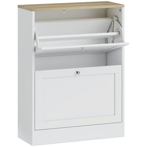 Wyld Haus Lori Wooden White Natural Top Shoe Cabinet With 2 Flip Drawers