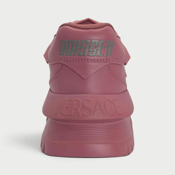 Supplied Fashion Versace Odissea sneakers in jam red, featuring a rear view with embossed logo and structured heel.