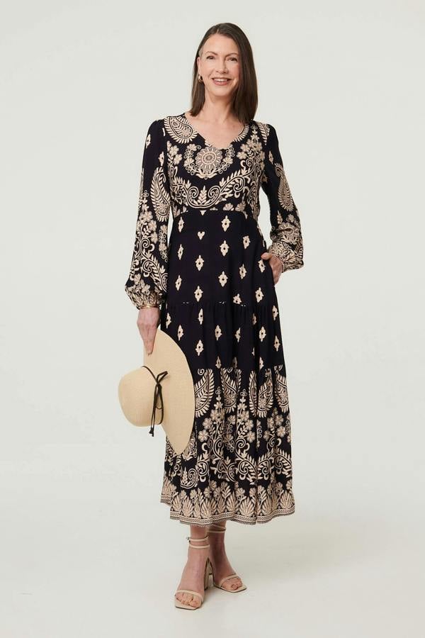 Navy | Paisley Print Long Sleeve Midi Dress