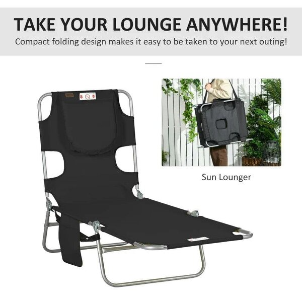 Foldable Sun Lounger, Beach Chaise Lounge - Reading Hole, Arm Slots, 5-Position Adjustable Backrest, Side Pocket, Pillow for Garden, Black