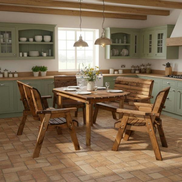 Samuel Alexander Handmade 6 Seater Rustic Wooden Indoor Dining Table, Bench & Chair Set