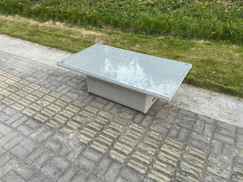 Fimous PE Wicker Rattan Garden Furniture Adjustable Rising Dining or Coffee Table In Light Grey Mixed With Clear Tempered Glass Semi Assembled