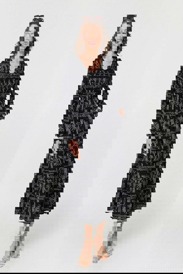 Black | Printed Long Sleeve Tie Waist Midi Dress
