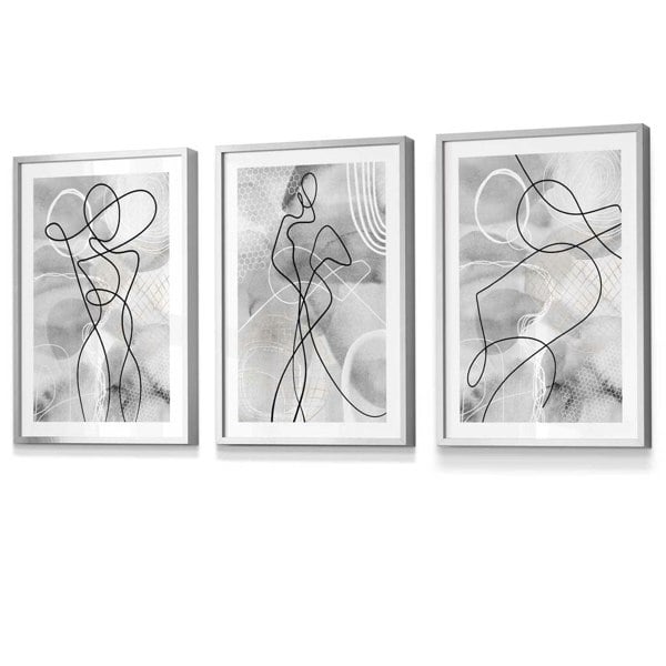 Artze Wall Art Abstract Set of 3 Fashion Line Framed Prints in Black & Grey