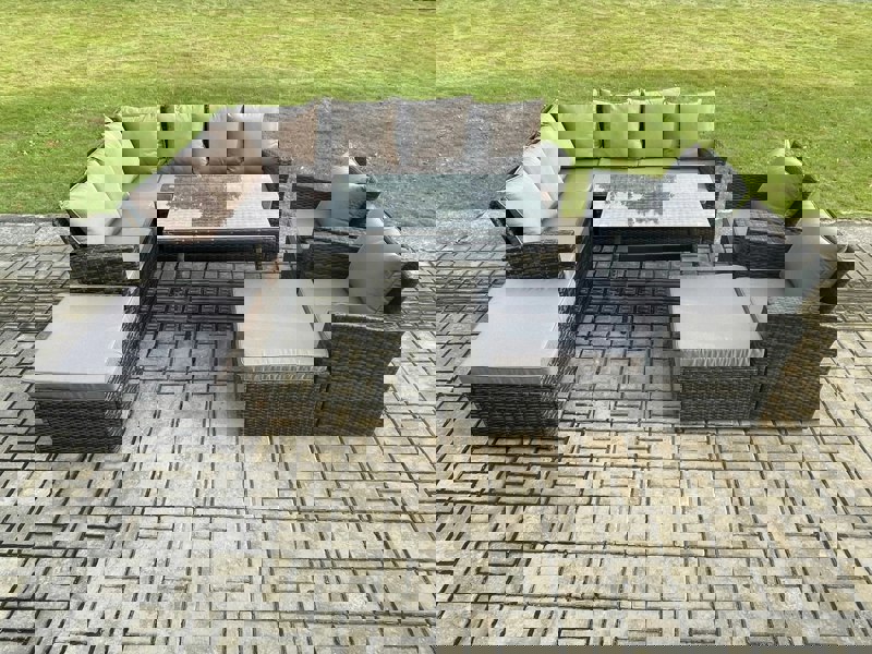 Fimous High Back Outdoor Garden Furniture Set Rattan Corner Sofa Dining Table Set With 2 Big Footstool 2 Armchairs Dark Grey Mixed