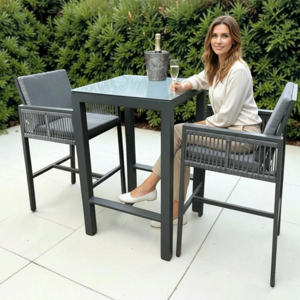 The Garden Marketplace Monaco 2 Seater Tall Garden Bar Table & Stool Bistro Set – Grey Powder-Coated Aluminium with Grey Glass Top (70 x 70cm)